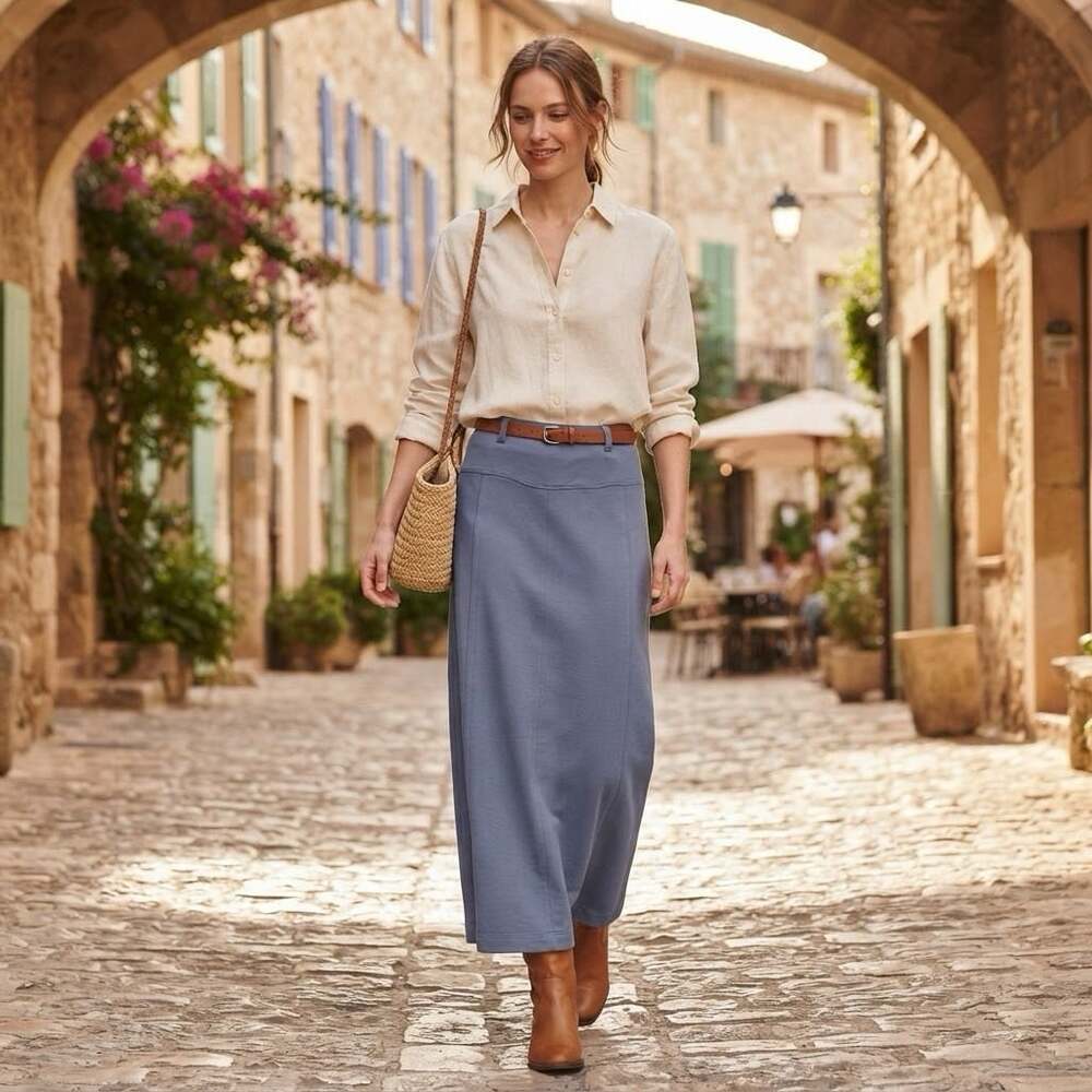NWT Sonoma Size Large Denim Blue Knit Casual Midi Pencil Skirt Comfort
